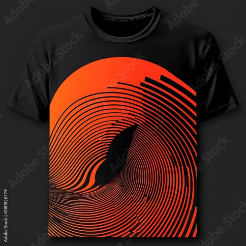 Vibrant Black T-Shirt with Abstract Orange Circular Design and Linear Patterns for Trendy Fashion and Creative Apparel Enthusiasts photo