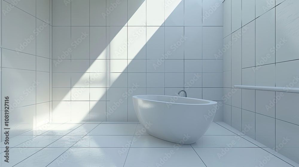 3D rendering of modern bathroom with sleek bathtub and clean white tiles 3D rendering of modern bathroom with sleek bathtub and clean white tiles