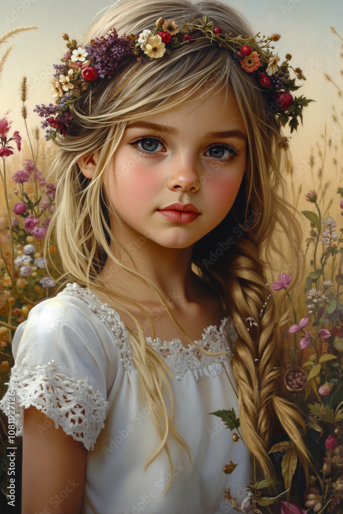 Fototapeta premium A painting of a young girl with a flower crown on her head