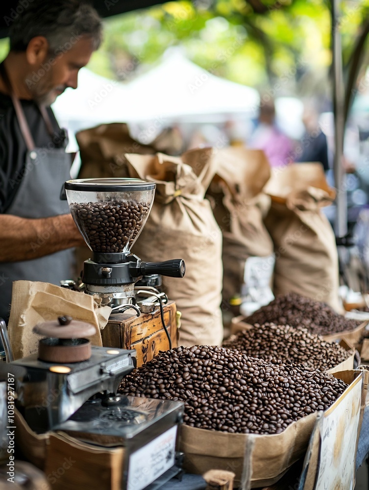Merchant Offering Freshly Roasted Coffee Beans at a Market Stall
