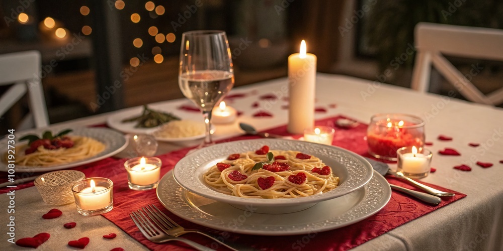 Romantic Italian Scene with Bokeh Effect Featuring Heart-Shaped Pasta and a Cozy Dinner Table Setting, Evoking Love in Every Detail for 'I Love You More Italian' Theme Romantic Italian Scene with Bokeh Effect Featuring Heart-Shaped Pasta and a Cozy Dinner Table Setting, Evoking Love in Every Detail for 'I Love You More Italian' Theme