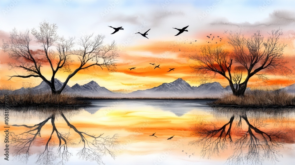 Serene Sunset Landscape Lake Reflection Bare Trees Flying Birds Mountain Range Serene Sunset Landscape Lake Reflection Bare Trees Flying Birds Mountain Range