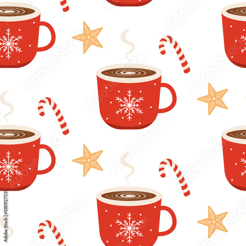 hot cocoa mugs, candy canes, and star-shaped cookies on white background