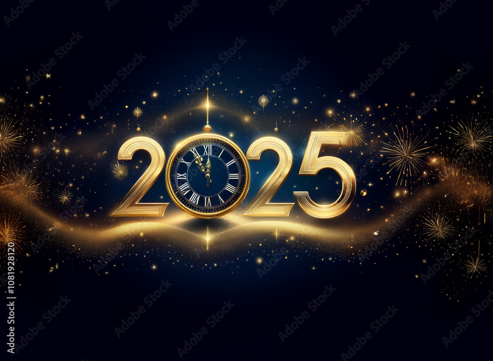 A shimmering gold 2025 with a clock face nestled inside the A shimmering gold 2025 with a clock face nestled inside the