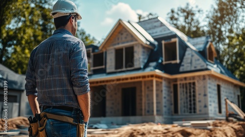 A project manager reviewing the timeline and blueprints for a home construction project, focusing on the coordination and planning required for successful housing development