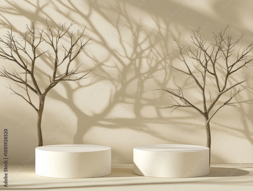 Abstract Minimal Nature Scene with Two White Podiums on Beige Background for Cosmetic Product Display, Featuring Tree Shadows and Copy Space for Packaging Mockups - ai