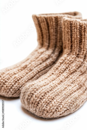 Two brown knitted slipper socks.