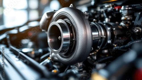 Turbocharged Power: Close-up of a powerful turbocharger installed in a modern car engine, showcasing intricate details and metallic gleam.  