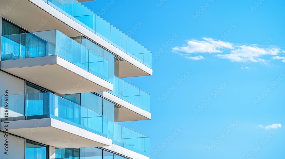 Modern architectural detail of a multi-story building featuring sleek glass balconies against a clear blue sky, showcasing innovative urban design and construction techniques