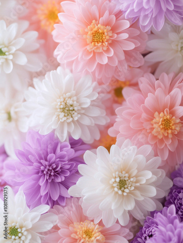 Beautiful pink, purple, and white chrysanthemums create vibrant floral display, evoking feelings of joy and tranquility. Perfect for decoration or as gift