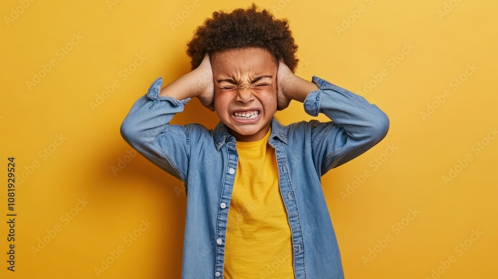 A young boy with curly hair is covering his ears and making a face of displeasure. He is wearing a yellow t-shirt and a blue jean jacket. A young boy with curly hair is covering his ears and making a face of displeasure. He is wearing a yellow t-shirt and a blue jean jacket.