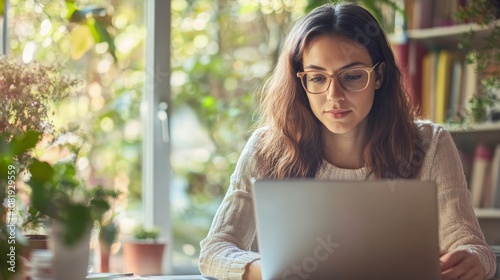 A young woman wearing glasses sits at a table in front of a window, looking at her laptop.