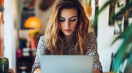 A young woman is sitting at a table in a cafe, working on her laptop. She is focused on her work and has a serious expression on her face.