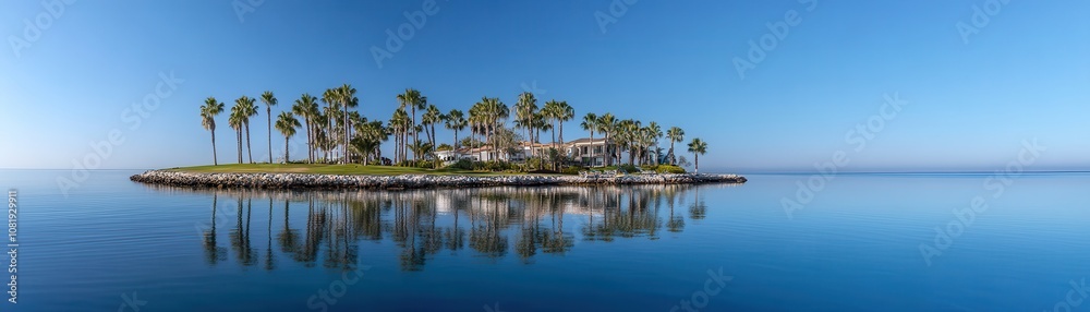 Tranquil remote island waterfront adorned with palm trees swaying gently in the breeze. Tranquil remote island waterfront adorned with palm trees swaying gently in the breeze.