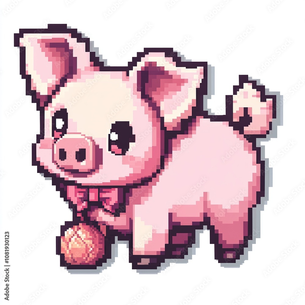 Pixelated Piglet Holding a Pink Ball with a Red Bow Tie Pixelated Piglet Holding a Pink Ball with a Red Bow Tie