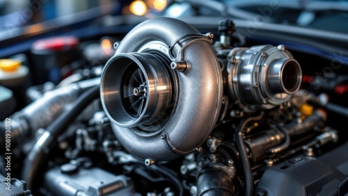 Turbocharged Power: Close-up of a gleaming turbocharger, showcasing intricate details and powerful engineering.  A symbol of high-performance and automotive innovation. 