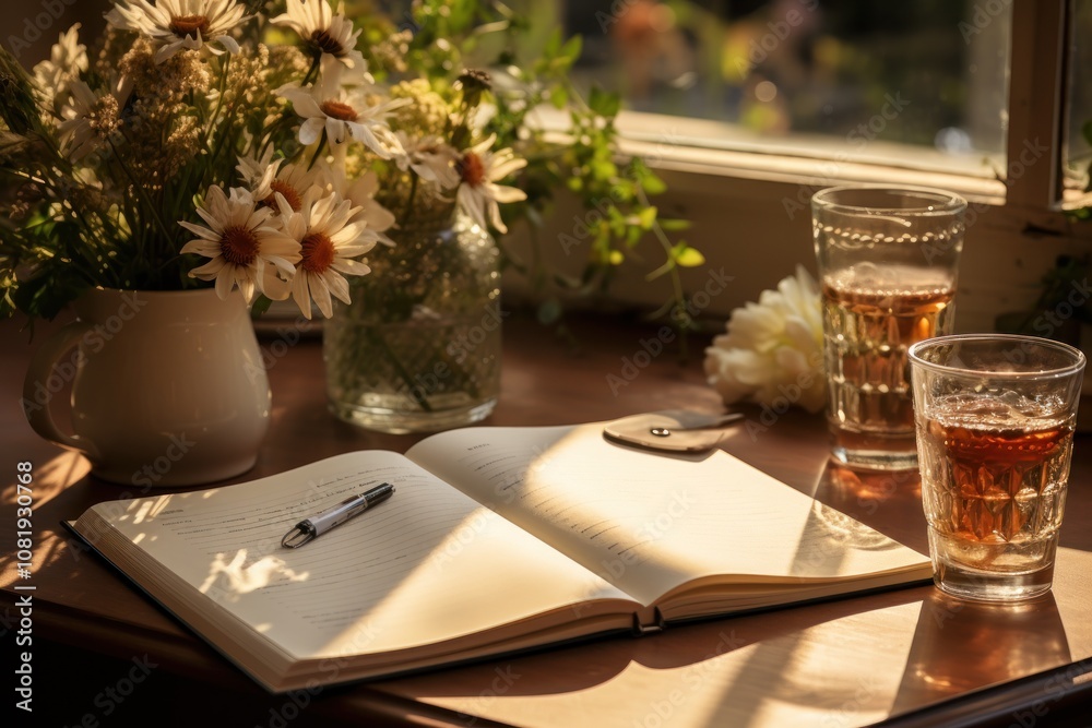 Open Notebook with a Glass of Drink and Flowers Open Notebook with a Glass of Drink and Flowers