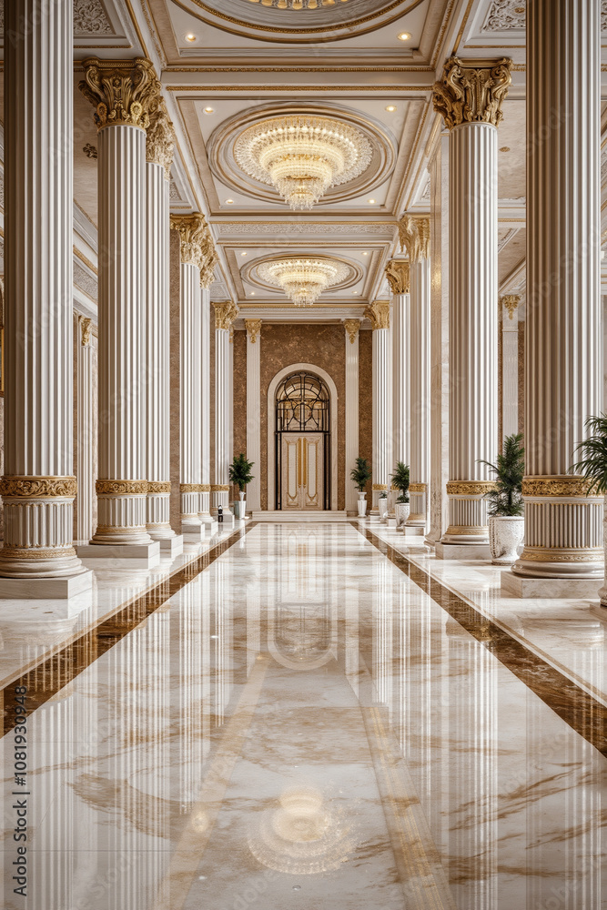 Fototapeta premium A long hallway with columns and a chandelier in a building