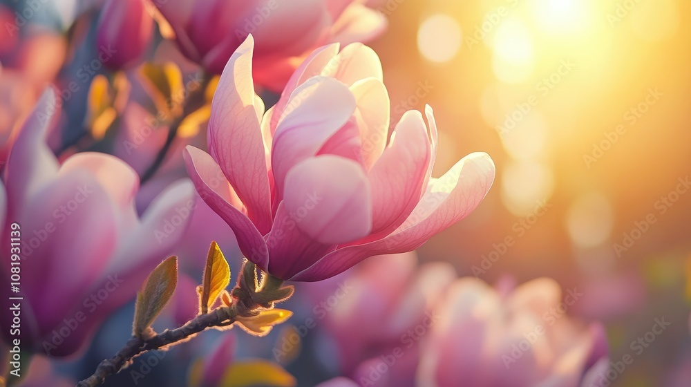 Pink magnolia flowers blooming in spring garden Pink magnolia flowers blooming in spring garden
