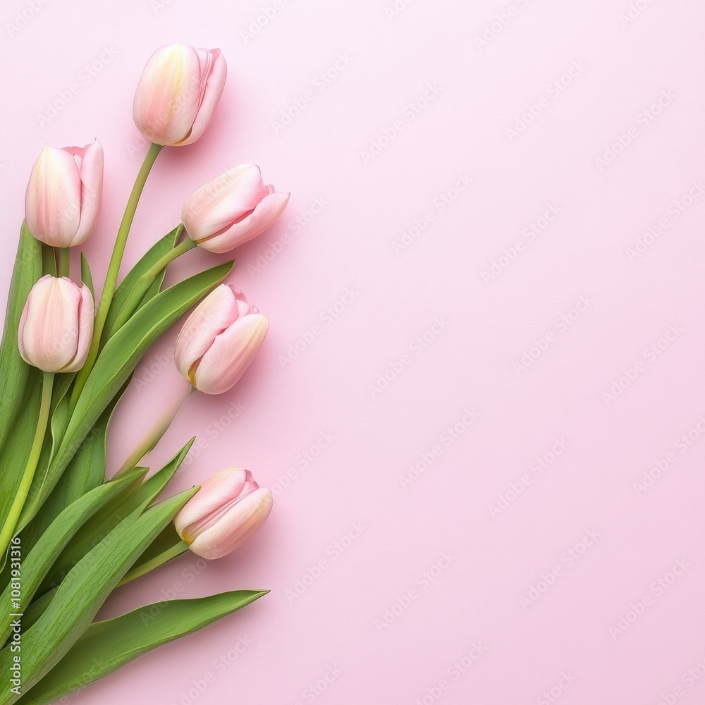 Fresh pink tulips arranged on soft pink background create serene and elegant atmosphere, perfect for spring decor or floral arrangements Fresh pink tulips arranged on soft pink background create serene and elegant atmosphere, perfect for spring decor or floral arrangements