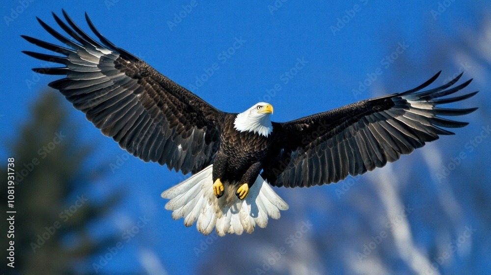 Fototapeta premium Bald Eagle in Flight with Spread Wings Against a Blue Sky