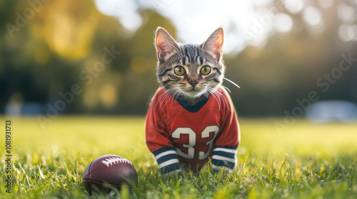 Cute cat dressed  as a football player