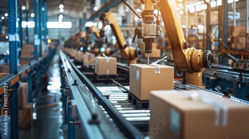 Automated packaging and shipping process in a modern industrial warehouse with conveyor belt and robotic machinery handling boxes and packages for efficient distribution and logistics