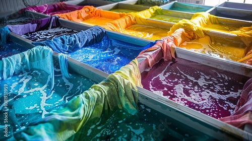 Colorful and vibrant dyed fabrics and textiles in various containers basins and tubs  and creative arrangement of vivid pigments patterns and splashes of color in an abstract composition photo