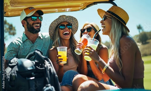 Group of friends enjoying drinks and laughter in a golf cart on a sunny day.