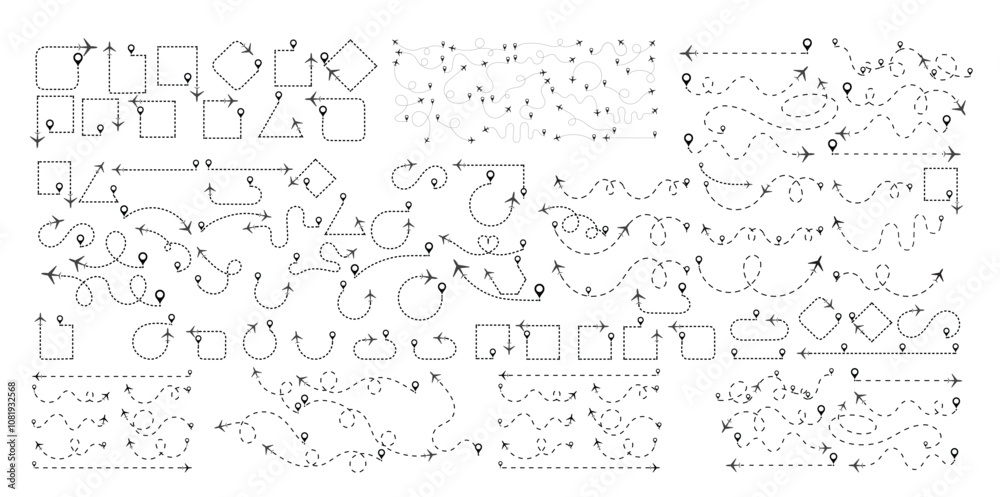 Airplane or aeroplane routes path. Aircraft tracking plane path, travel, map pins, location pins. Airplane or aeroplane routes path. Aircraft tracking plane path, travel, map pins, location pins.
