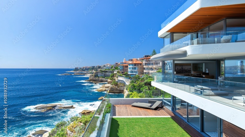 Fototapeta premium Modern beachfront luxury property with stunning ocean views and pristine coastal landscape overlooking clear blue waters in a vibrant seaside neighborhood.