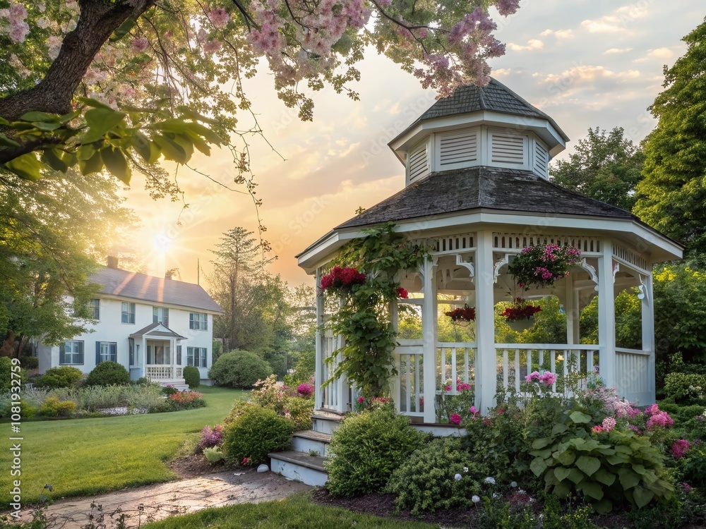 Serene Double Exposure Photography of a Gazebo Nestled in a Lush House Garden Surrounded by Colorful Flowers and Trees, Capturing Nature's Tranquility and Beauty Serene Double Exposure Photography of a Gazebo Nestled in a Lush House Garden Surrounded by Colorful Flowers and Trees, Capturing Nature's Tranquility and Beauty