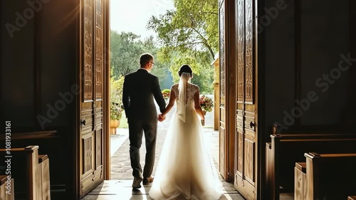 Couple walks hand in hand out of a charming chapel into sunlight after their wedding ceremony in a scenic outdoor setting