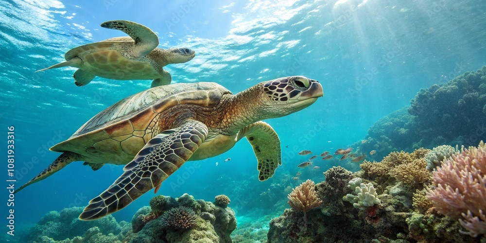Obraz premium Serene Green Sea Turtles Swimming Gracefully in Clear Blue Waters with a Focus on Natural Habitat, Perfect for Educational and Conservation Themes