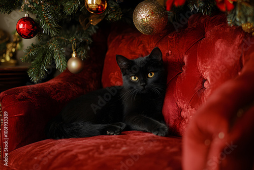 Black cat lying on a red couch under a christmas tree