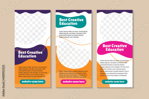 collection of best creative education roll up banner template design in vertical layout. Combination of purple, orange and pink colors with space for photo collage. School Admission roll up with photo