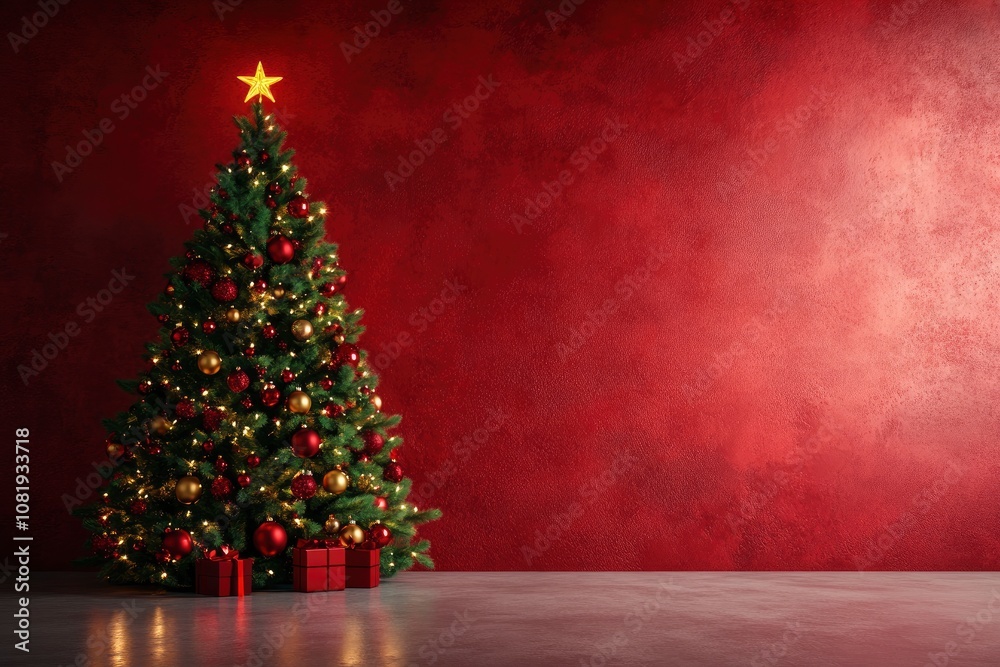 Christmas tree decorated with light start red and golden ball in a red paint concrete wall for a merry chirstmas day. 3d rendering christmas tree. with generative ai Christmas tree decorated with light start red and golden ball in a red paint concrete wall for a merry chirstmas day. 3d rendering christmas tree. with generative ai