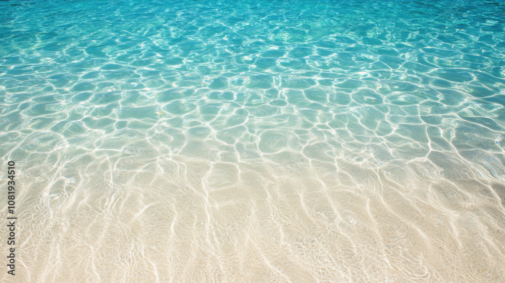 Crystal clear water gently laps at white sandy beach, creating serene and tranquil atmosphere. sunlight dances on surface, enhancing beauty of this idyllic scene Crystal clear water gently laps at white sandy beach, creating serene and tranquil atmosphere. sunlight dances on surface, enhancing beauty of this idyllic scene