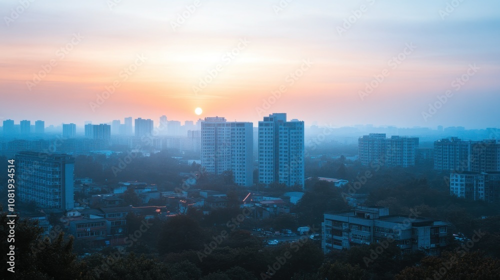 Fototapeta premium Cityscape with Tall Buildings and a Setting Sun