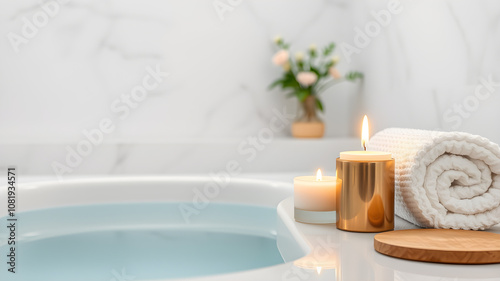 A serene bathroom scene with a lit candle, rolled towel, and a bathtub filled with water, inviting relaxation and self-care