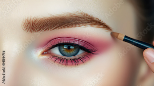 Close-up of Eye with Bold Pink Eyeshadow and Precise Brow Makeup Application Using a Brush