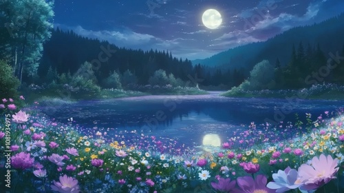 Moonlit Enchantment: A Tranquil Anime Landscape photo