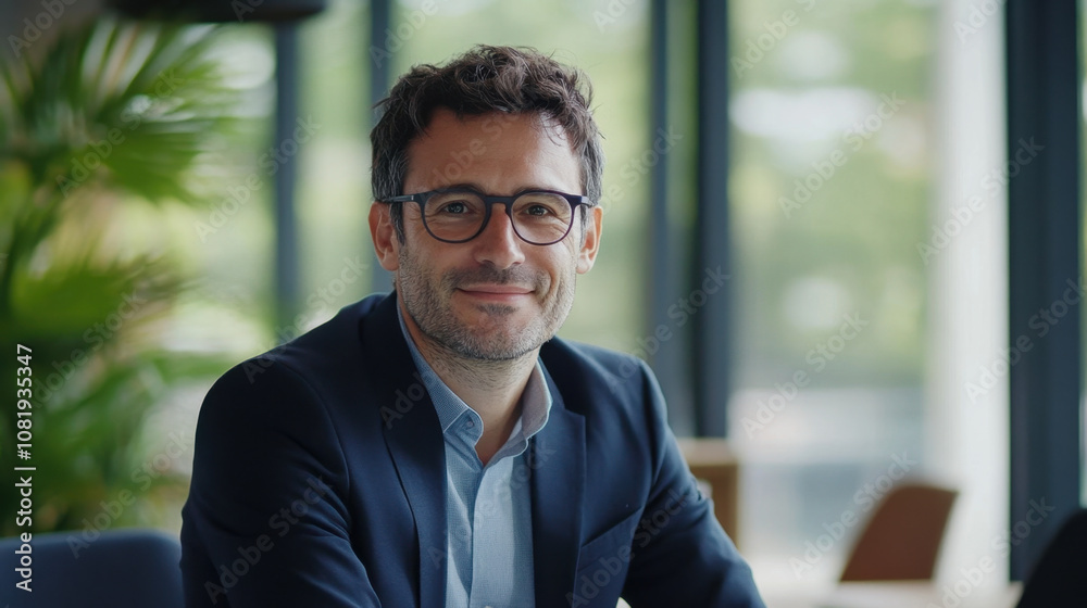 professional man with glasses smiles confidently in modern office setting, surrounded by greenery and natural light, conveying sense of approachability and professionalism professional man with glasses smiles confidently in modern office setting, surrounded by greenery and natural light, conveying sense of approachability and professionalism
