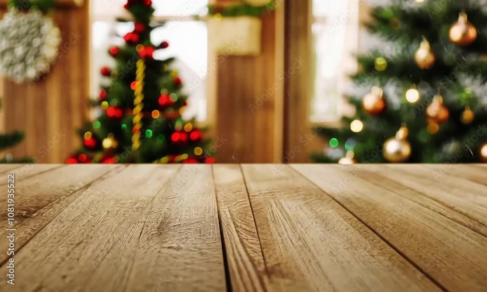 Festive christmas tree in living room with wooden floor perspective Festive christmas tree in living room with wooden floor perspective