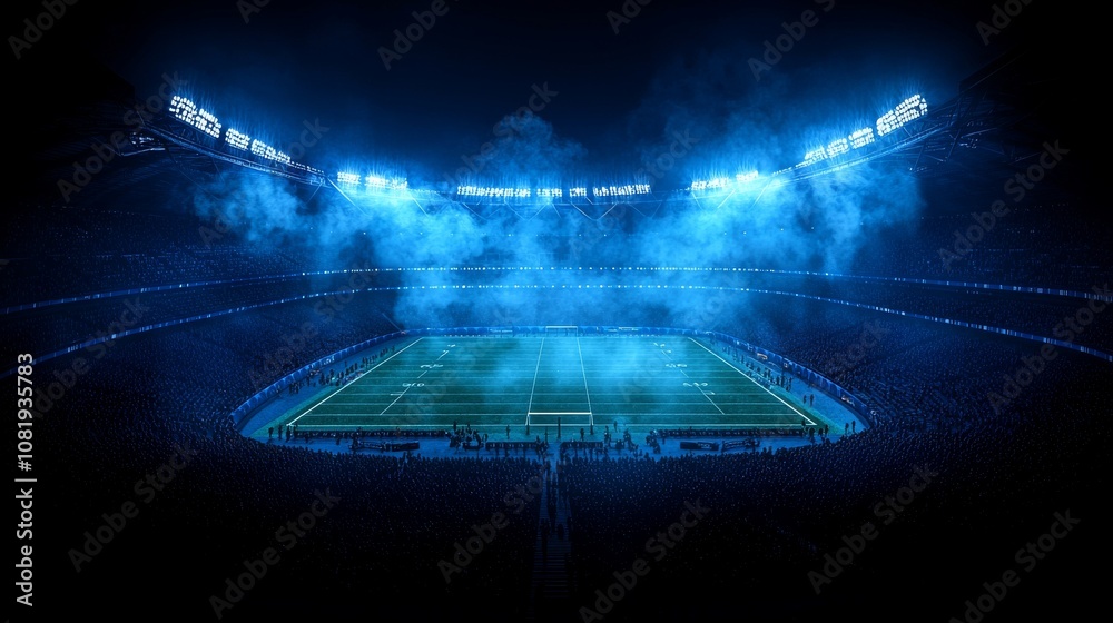 Night view of stadium illuminated in deep blue tones, geometric lighting patterns cutting through darkness. Night view of stadium illuminated in deep blue tones, geometric lighting patterns cutting through darkness.