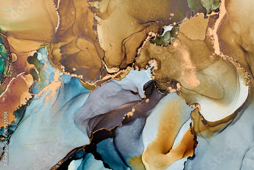 Current of translucent hues intertwine with metallic gold veins, shaping organic luxurious landscape. This fluid art, abstract liquid ink technique, light and shadow dance across free-flowing textures