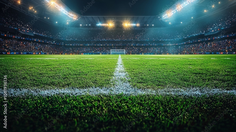 Field-level perspective of a football stadium under floodlights, showcasing pristine turf markings and dramatic evening atmosphere. Field-level perspective of a football stadium under floodlights, showcasing pristine turf markings and dramatic evening atmosphere.