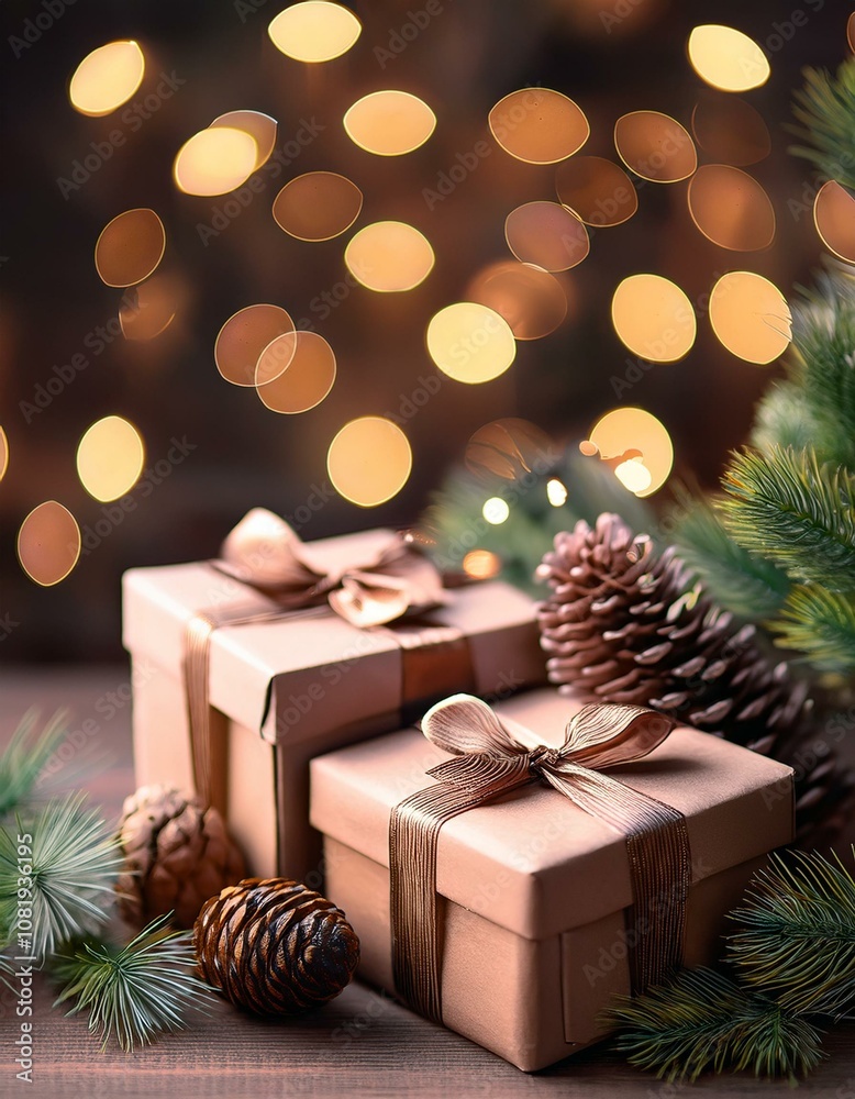christmas and new year background - gift boxes and pine cones and branches on the background