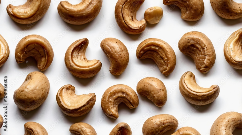 Raw cashew nuts arranged on a white surface for healthy snacking preparation, showcasing their natural texture and shape Raw cashew nuts arranged on a white surface for healthy snacking preparation, showcasing their natural texture and shape