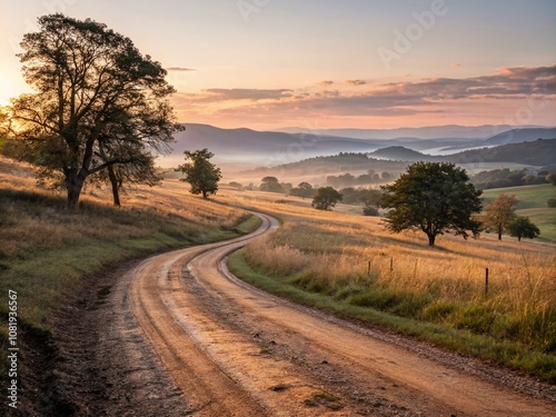 Serene Sunrise on an Empty Dirt Road in the Countryside - Capturing the Tranquility of a New Day in Nature's Embrace with Golden Light and Open Spaces